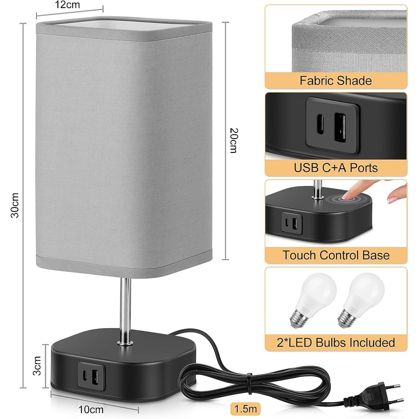 Bedside Lamps Set of 2 – Touch‑Control, USB‑C/A Charging, 3‑Way Dimmable Table Lamps with Grey Fabric Shade