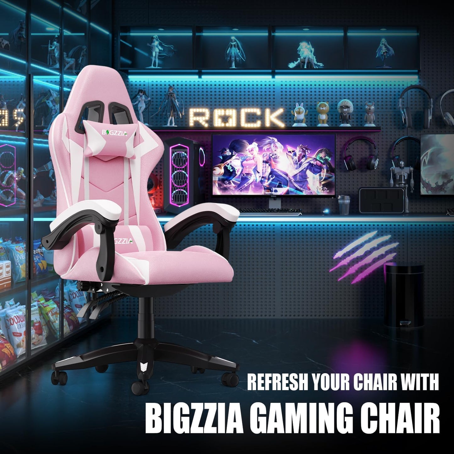 Bigzzia Purple Pink Gaming Chair with Reclining Back Support
