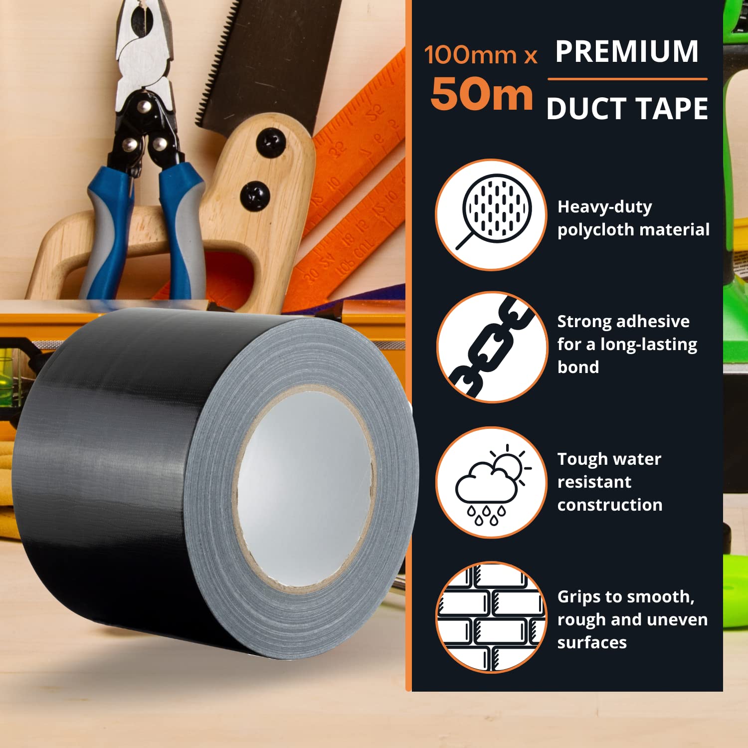 GTSE Wide Black 4‑Inch Heavy‑Duty Waterproof Duct Tape 100mm×50m