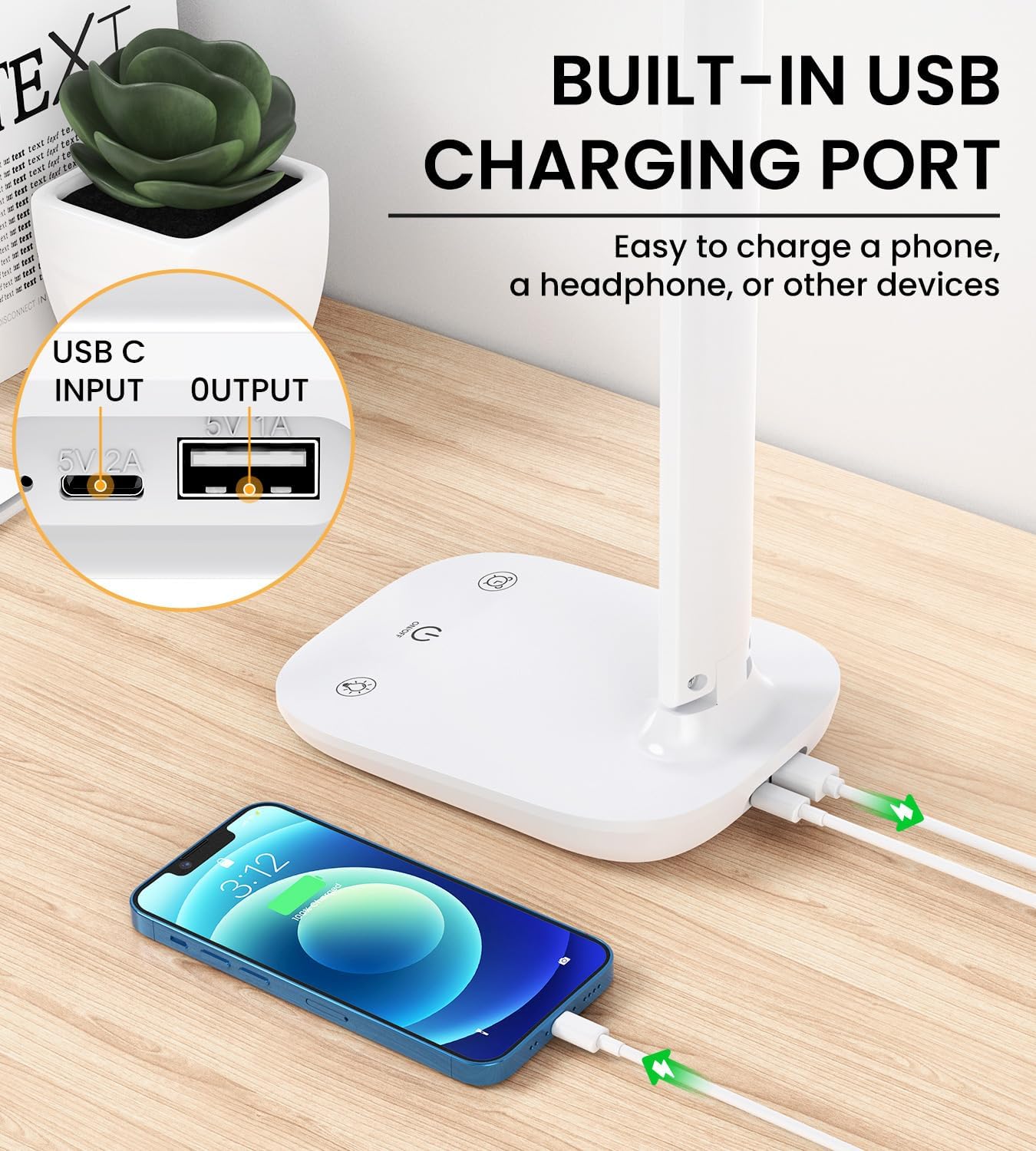 BSRANE ADL-001 LED Desk Lamp Eye-Caring 700 Lumen 5 Colour Modes USB Charging Port White