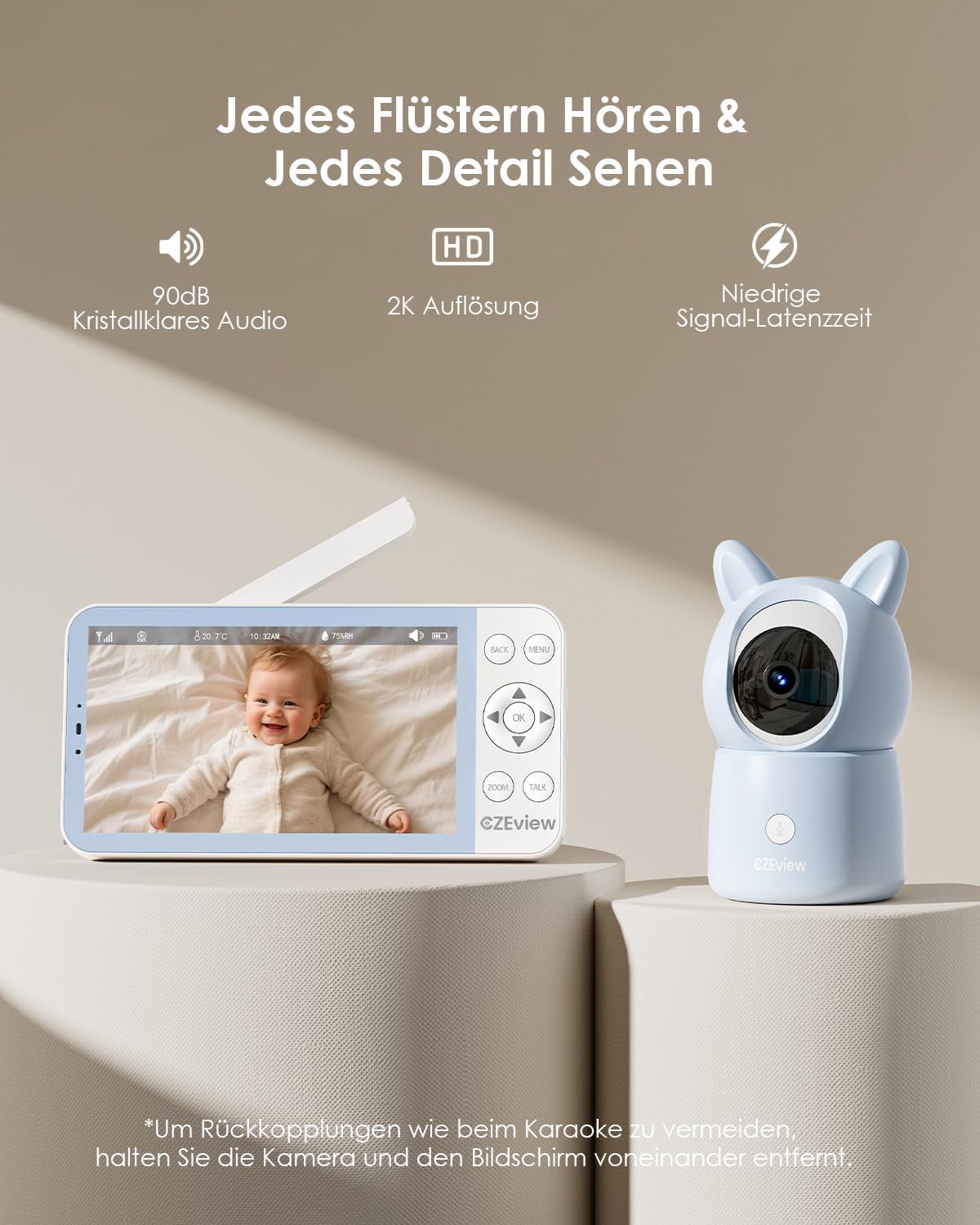 CZEview BM6 2K Baby Monitor with 4X Zoom, 5.5" HD WiFi Display, Night Vision, 2‑Way Talk & Colourful Night Light