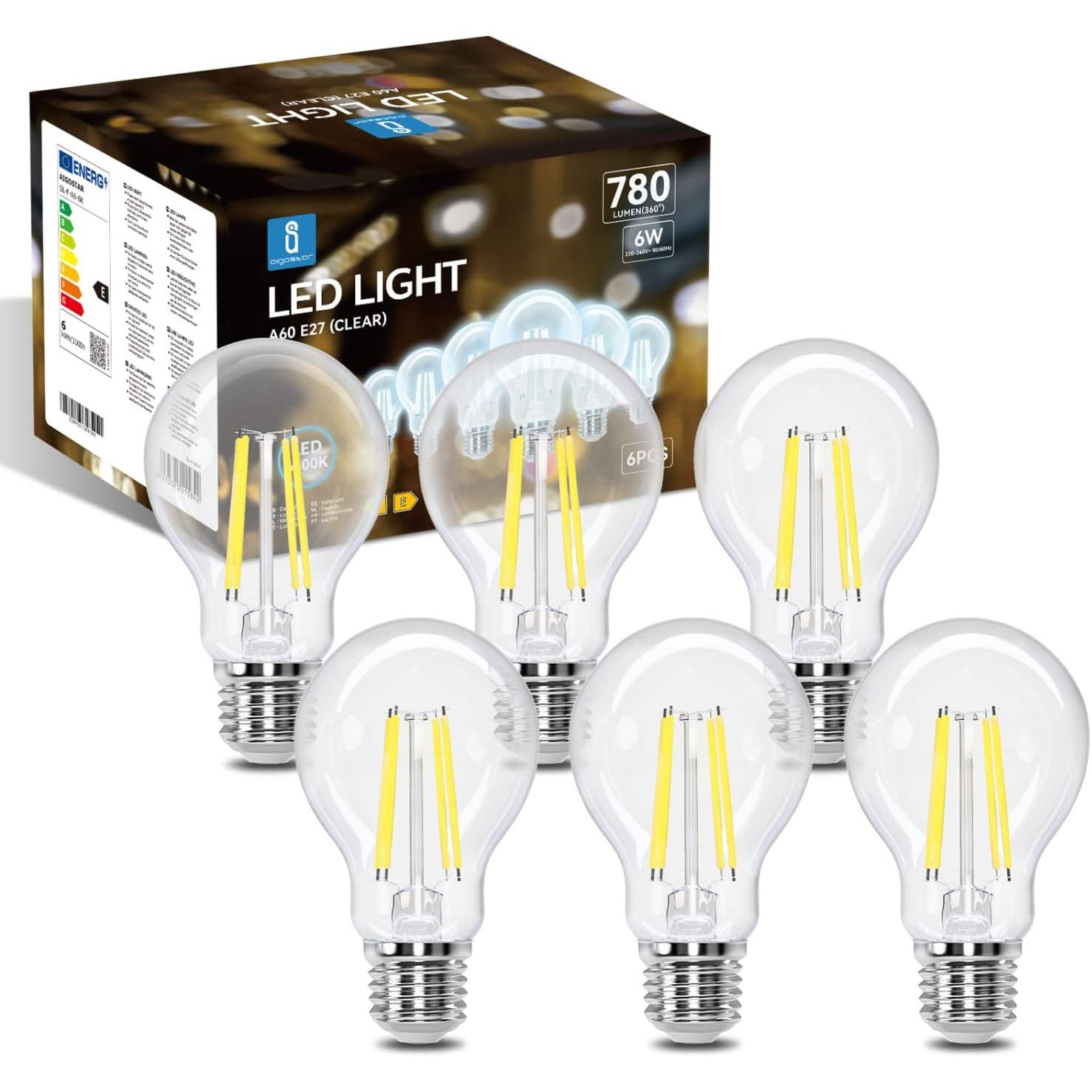 Aigostar LED E27 Vintage Light Bulb 6W 780 Lumens Cool White A60 Filament Lamp