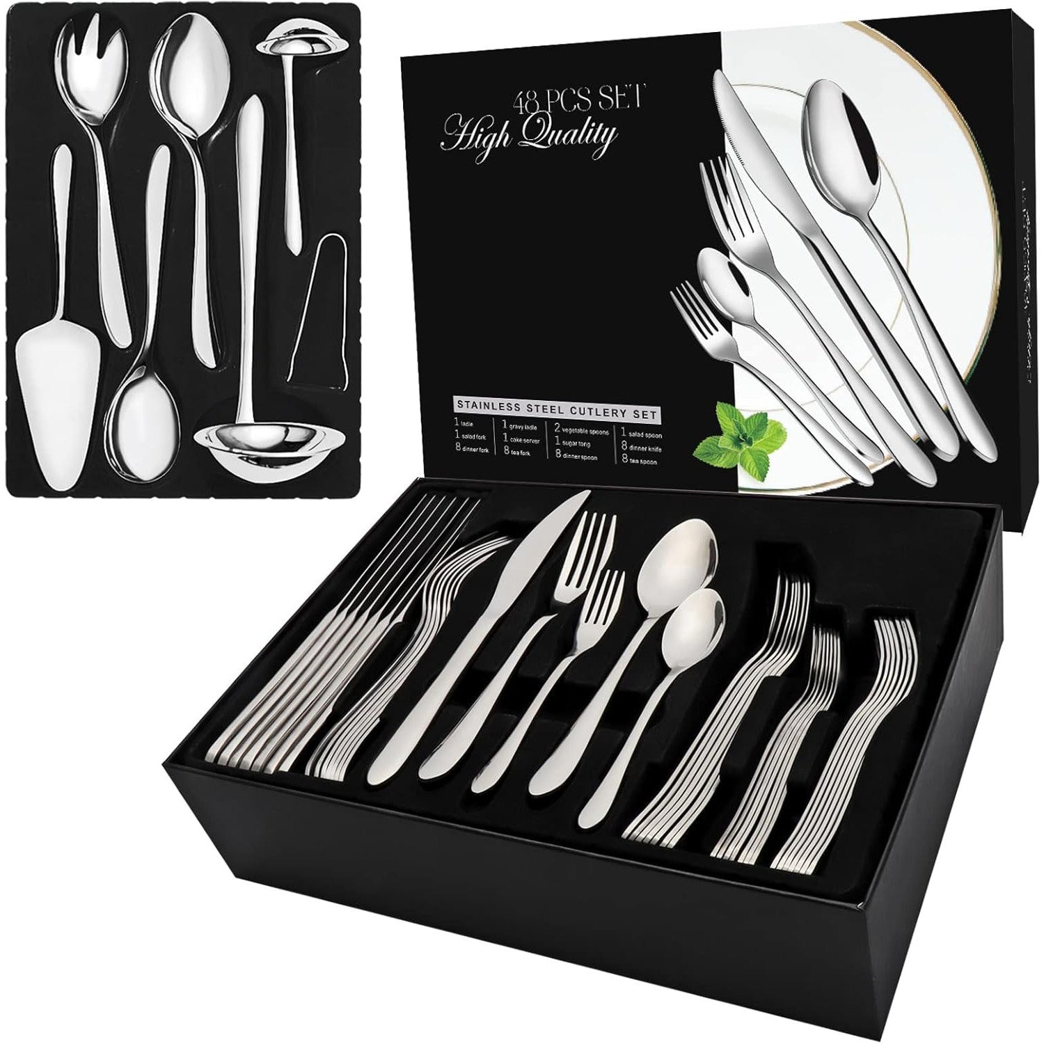 48-Piece Premium Stainless Steel Silverware Set with Serving Utensils