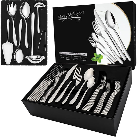 48-Piece Premium Stainless Steel Silverware Set with Serving Utensils