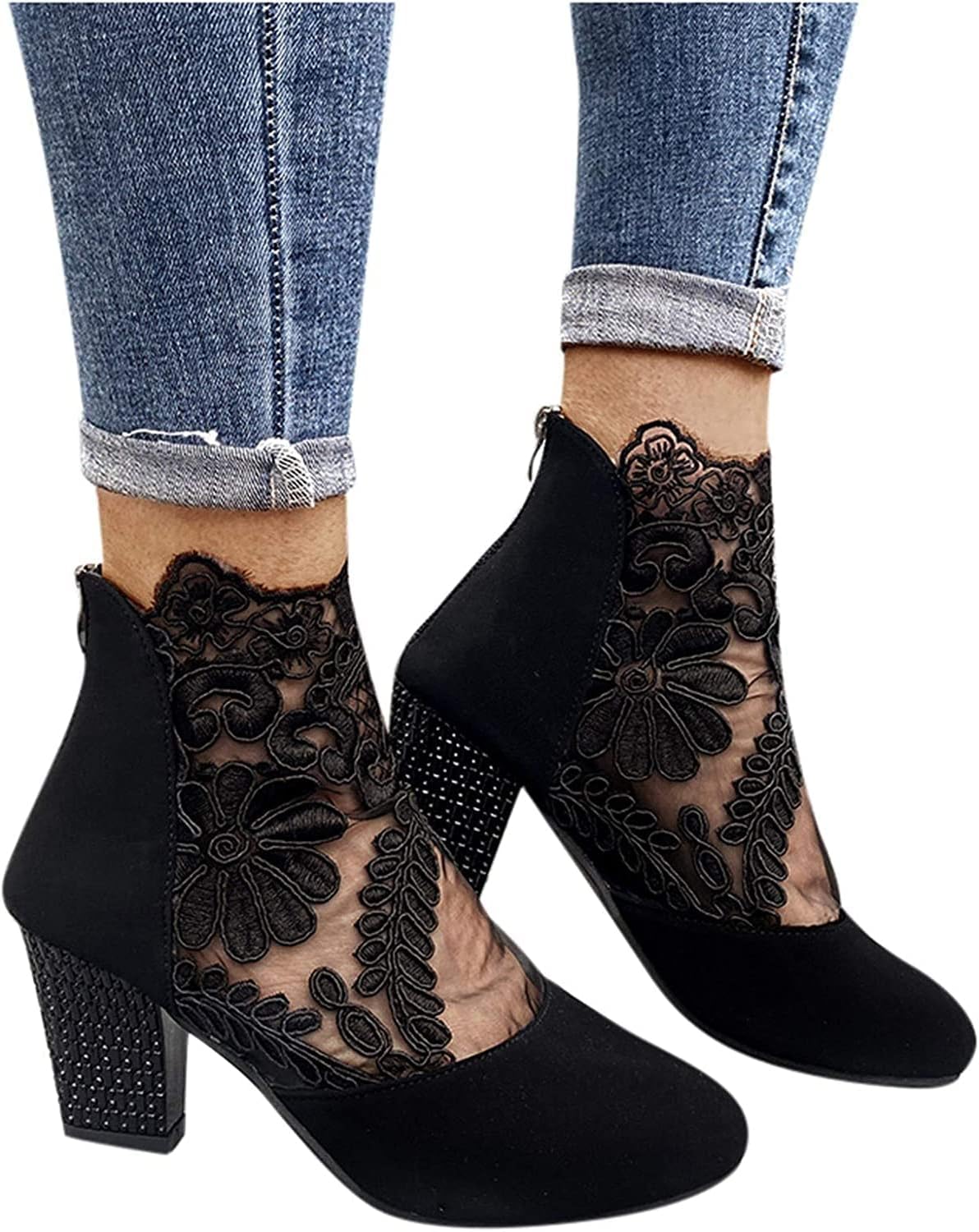 Women's Elegant Lace Ankle Boots - Breathable High Block Heel Booties