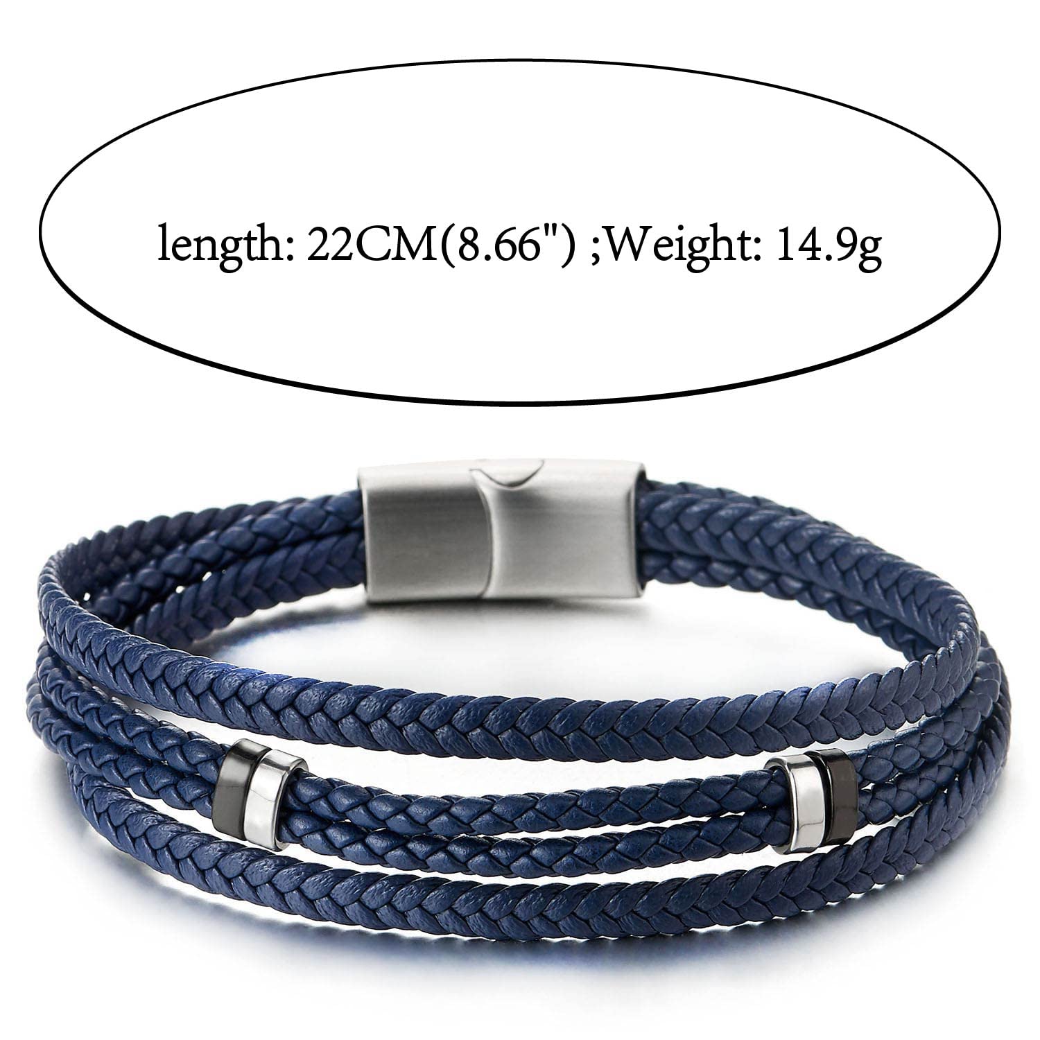 Navy Blue Braided Leather Bracelet with Magnetic Stainless Steel Clasp