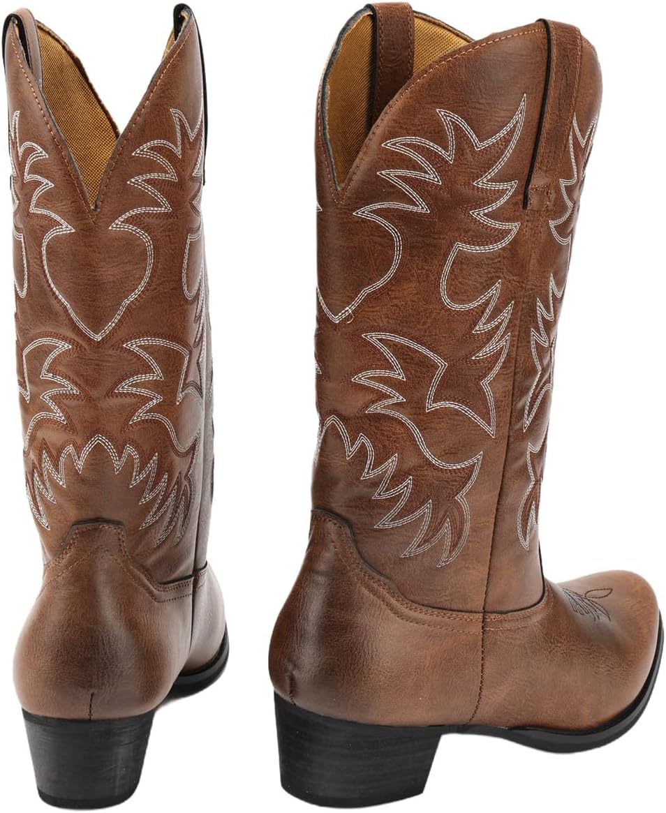 Men's Wide Toe Embroidered Cowboy Boots Slip Resistant Western Footwear