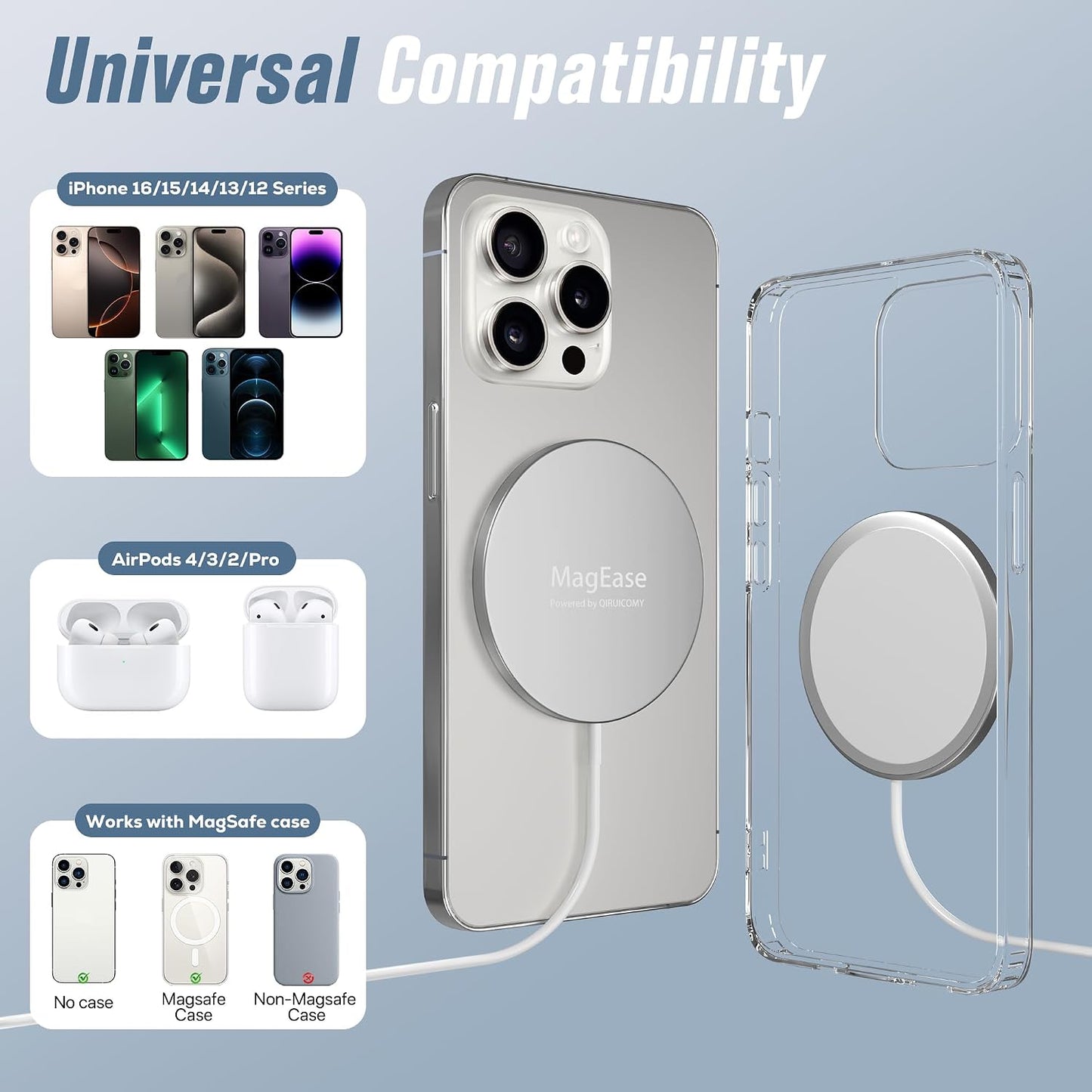 Hoonyer MagEase Magnetic Wireless Charger 15W Mag-Safe Compatible with iPhone 16 15 14 13 12
