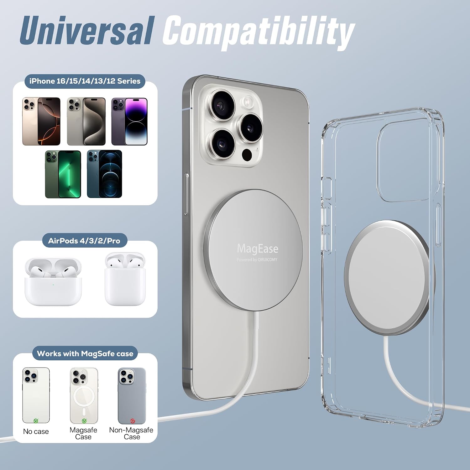Hoonyer MagEase Magnetic Wireless Charger 15W Mag-Safe Compatible with iPhone 16 15 14 13 12
