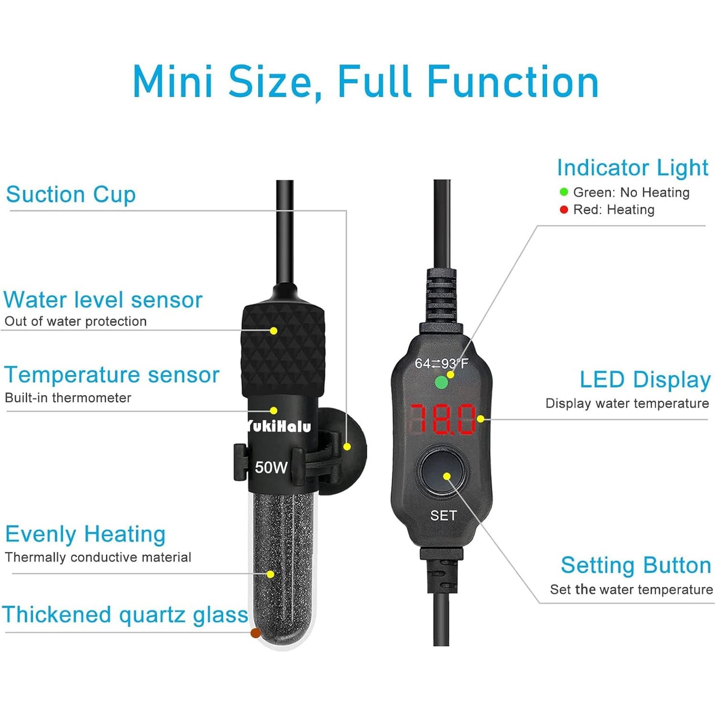 YukiHalu Compact Submersible Aquarium Heater with LED Display