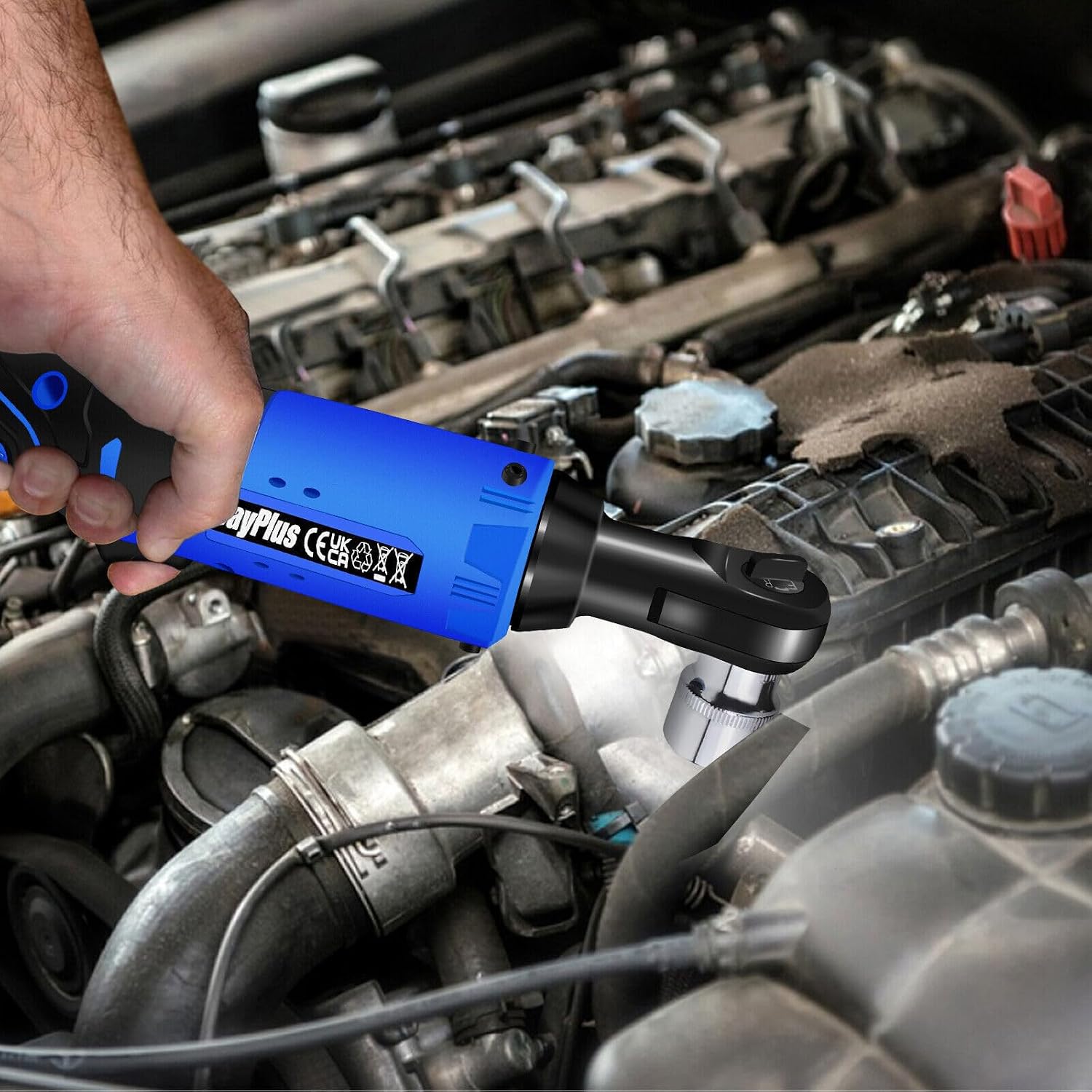 DayPlus 12V Battery Torque Wrench 3/8" Square Drive 40 Nm 2300 RPM 90° Right Angle 2 Batteries 7 Sockets