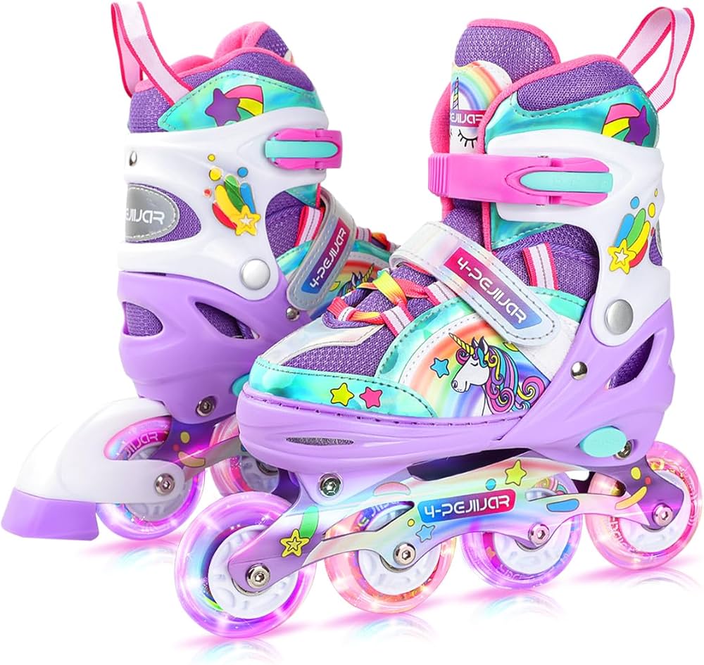 Adjustable Unicorn Rainbow Inline Skates for Girls with Luminous LED Wheels