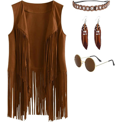 Women's Hippie Fringe Vest Costume 60s-70s Disco Outfit with Accessories