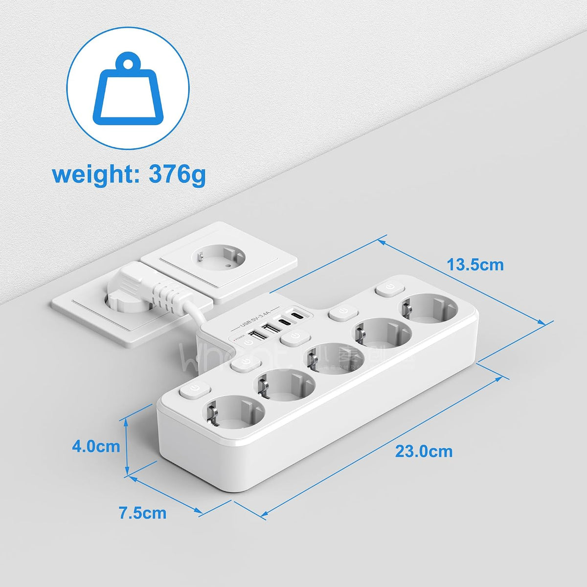 Techuoso wit-5voudige 5-Outlet Power Strip 0.1m White