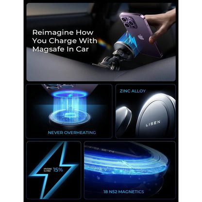 LISEN 15W MagSafe Car Mount Charger - Black Wireless Phone Holder - Gomix Brands Outlet
