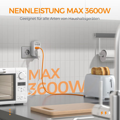 TESSAN 6-in-1 Double Plug Power Adapter with USB-C Grey