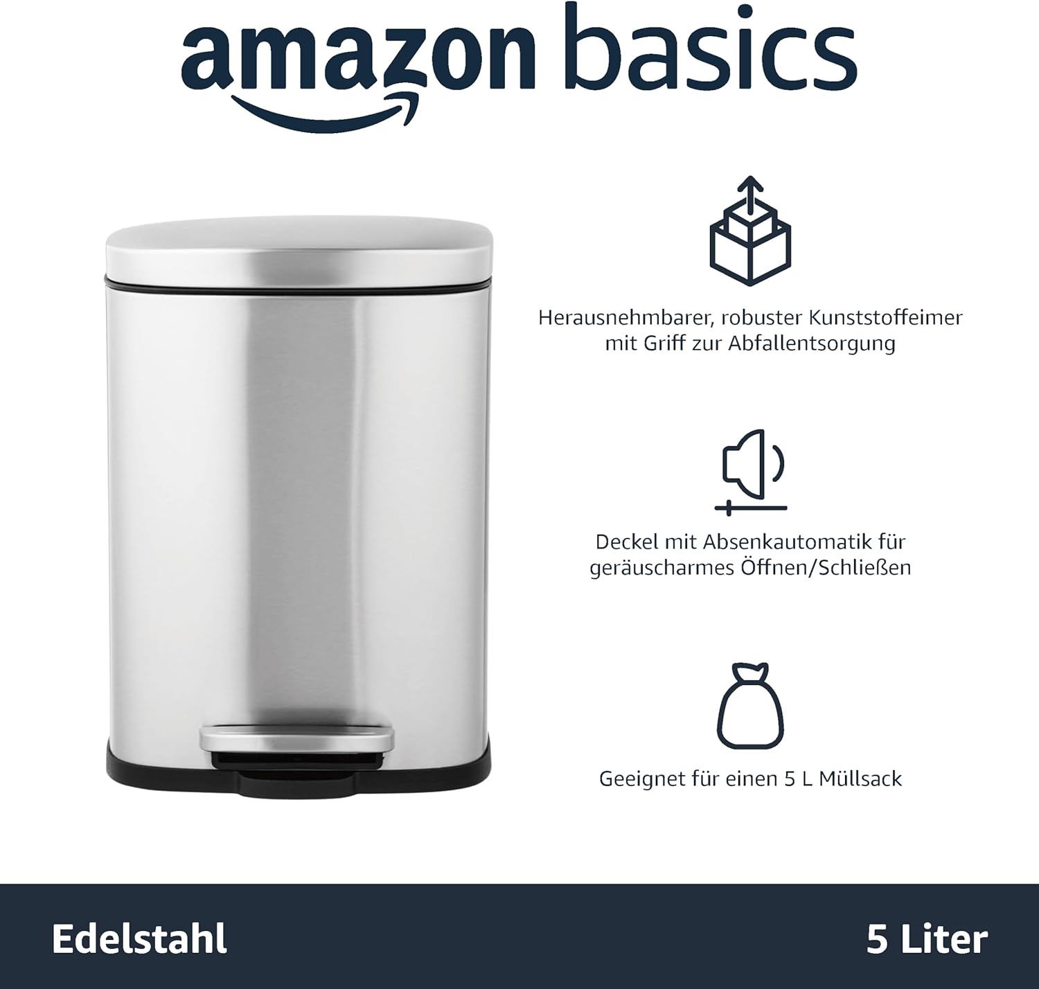 Amazon Basics 5L Soft-Close Kitchen Waste Bin with Pedal