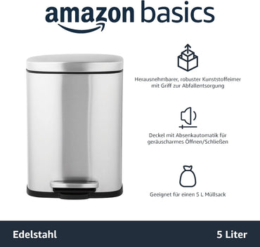 Amazon Basics 5L Soft-Close Kitchen Waste Bin with Pedal