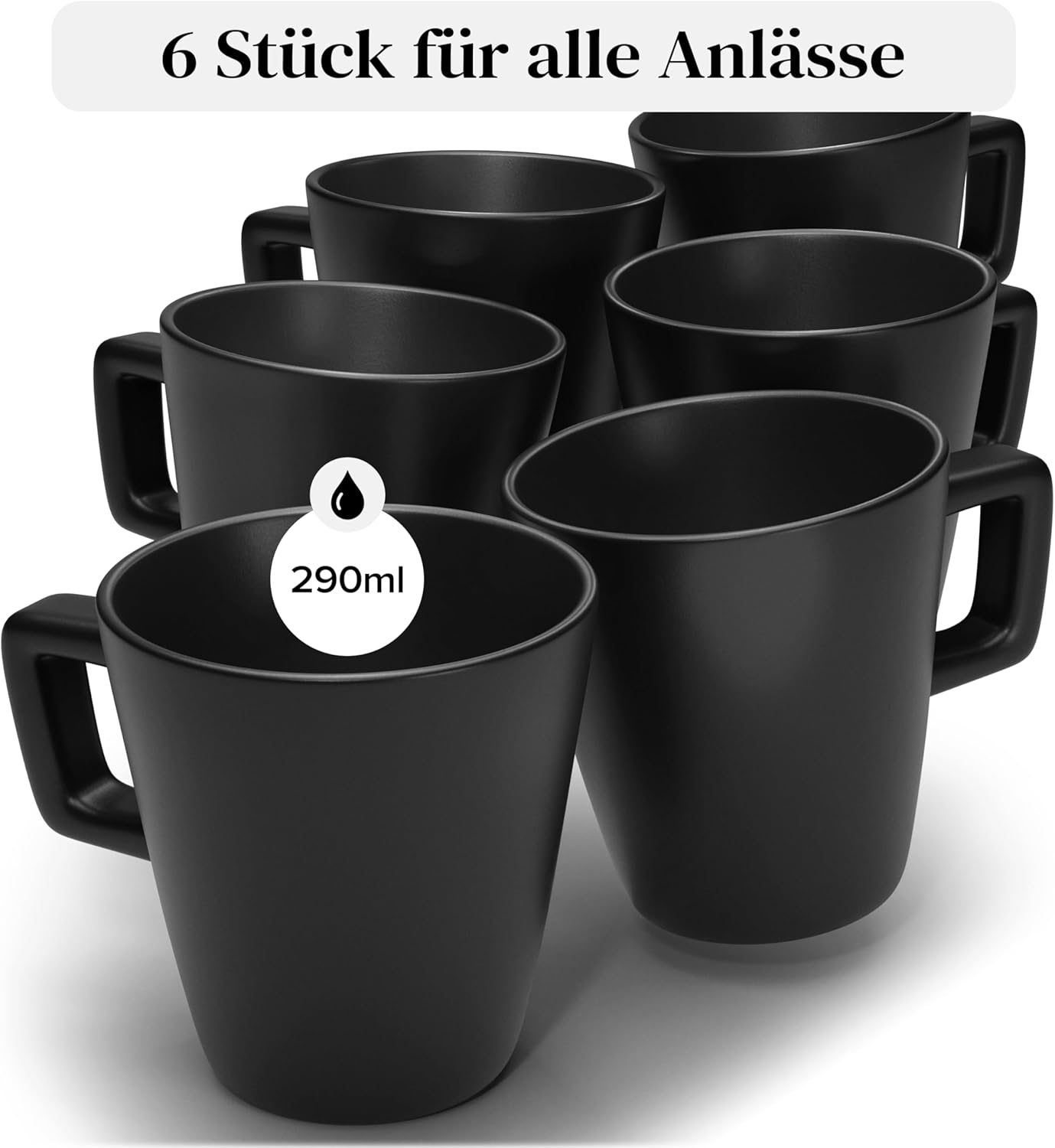 Pure Living Manhattan Matte Black 6-Piece Stoneware Coffee Mug Set