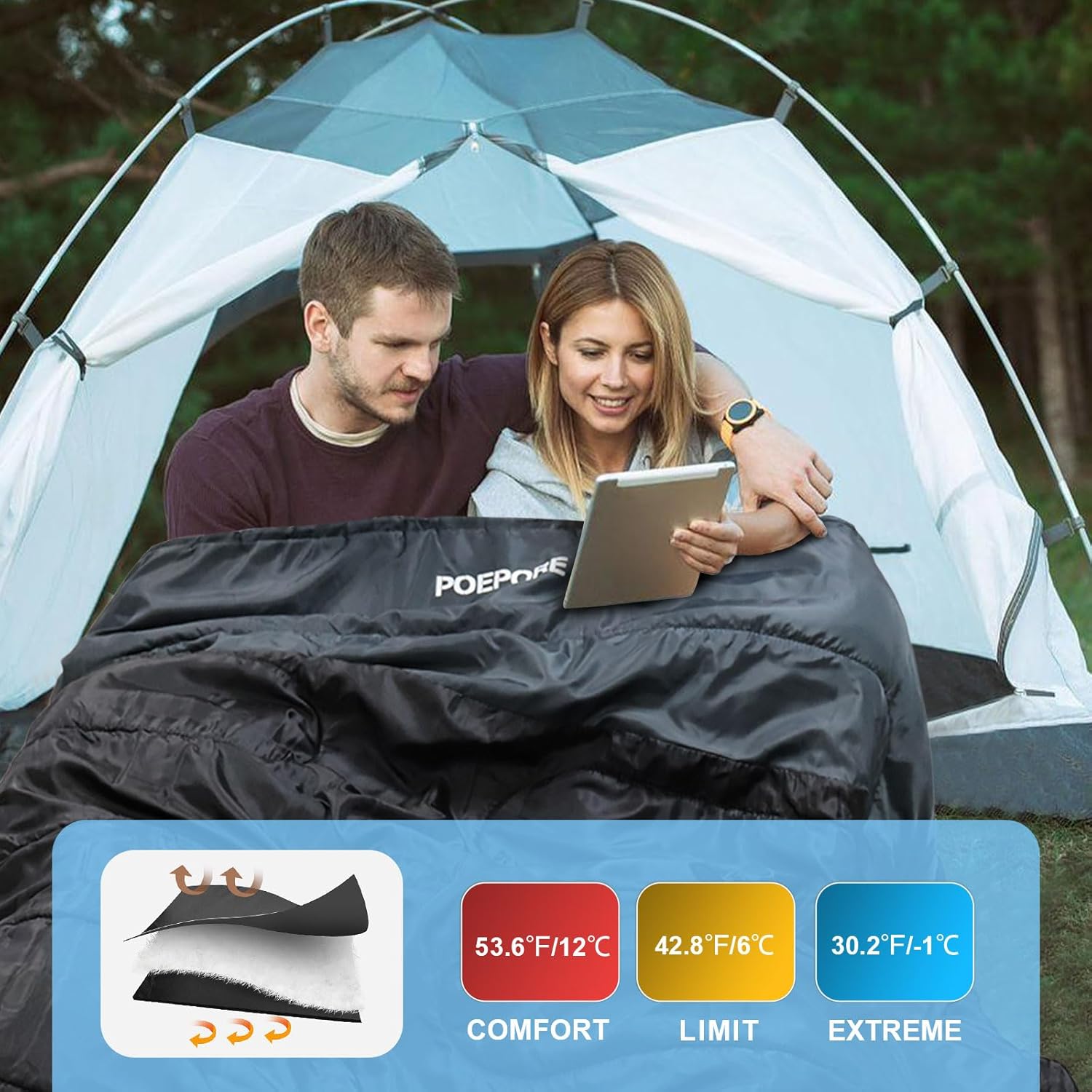 POEPORE Double Flannel Sleeping Bag for Two Adults XXL Queen Size