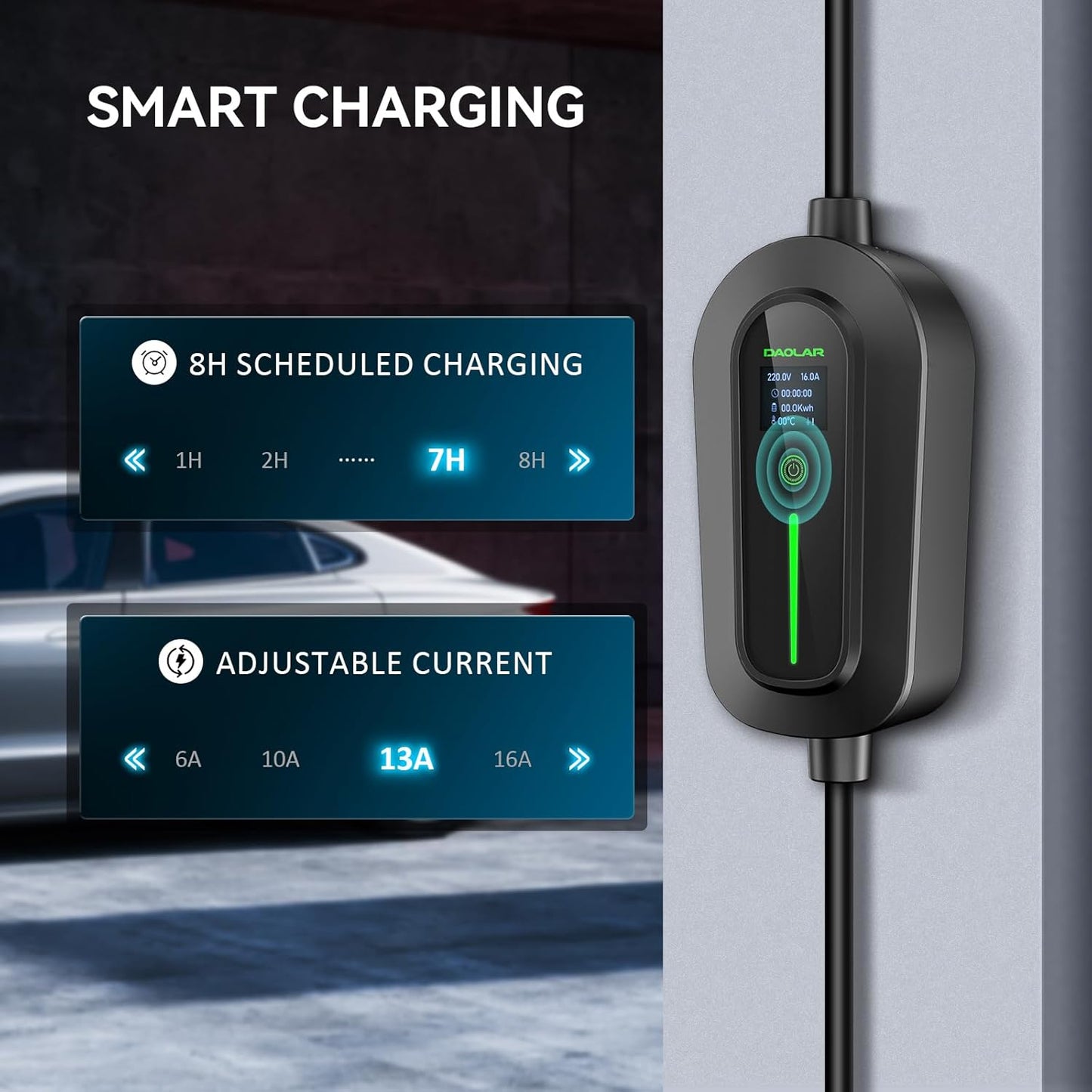 DAOLAR Portable Type 2 EV Charger: Adjustable 6-16A Three-Phase Smart Charging