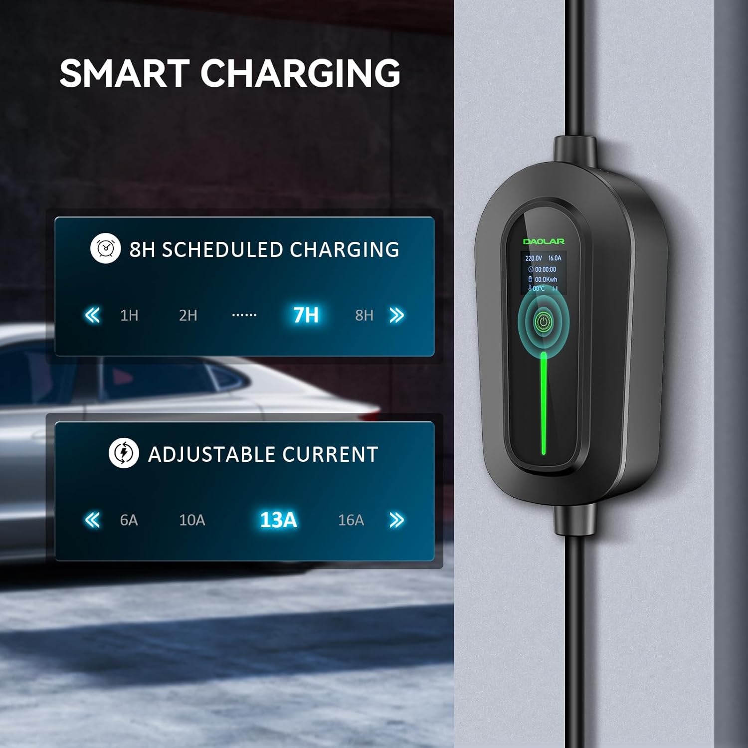DAOLAR Portable Type 2 EV Charger: Adjustable 6-16A Three-Phase Smart Charging