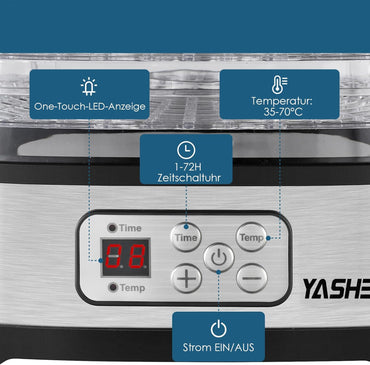 YASHE GGJ-261B 5‑Tray Food Dehydrator with LED Display, 35‑70°C Temperature Range, 72‑Hour Timer