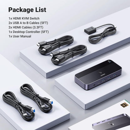 UGREEN Aluminum KVM Switch 2 PC 1 Monitor 4K@60Hz USB 3.0 with Desktop Controller Black