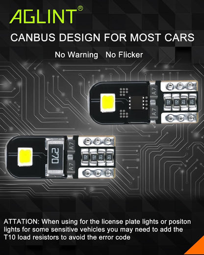 AGLINT 10X T10 W5W Canbus Error-Free LED Bulbs 2SMD Super Bright 194 2825 168 Wedge for Car Interior Dome Map Door Side Marker License Plate Lights 6500K Xenon White