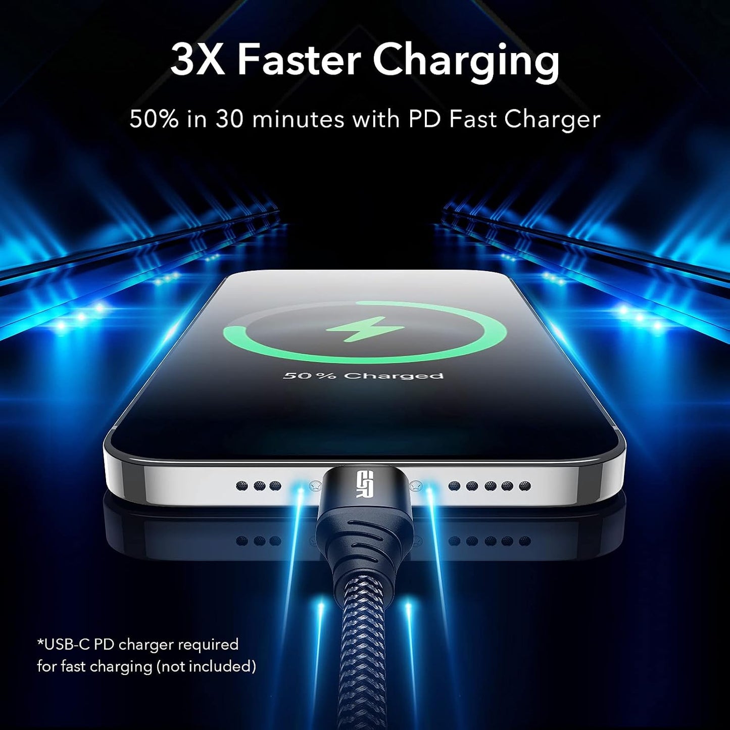 ESR USB-C to Lightning Cable 0.2 m MFi Certified Nylon PD Fast Charging for iPhone 14/13/12/11/SE/XR/XS/X/8 iPad 9/8 Black