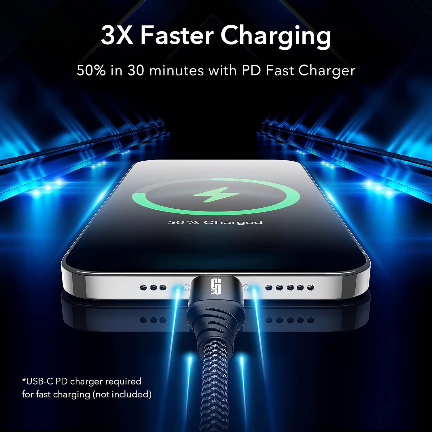 ESR USB-C to Lightning Cable 0.2 m MFi Certified Nylon PD Fast Charging for iPhone 14/13/12/11/SE/XR/XS/X/8 iPad 9/8 Black