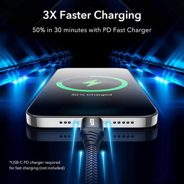 ESR USB-C to Lightning Cable 0.2 m MFi Certified Nylon PD Fast Charging for iPhone 14/13/12/11/SE/XR/XS/X/8 iPad 9/8 Black