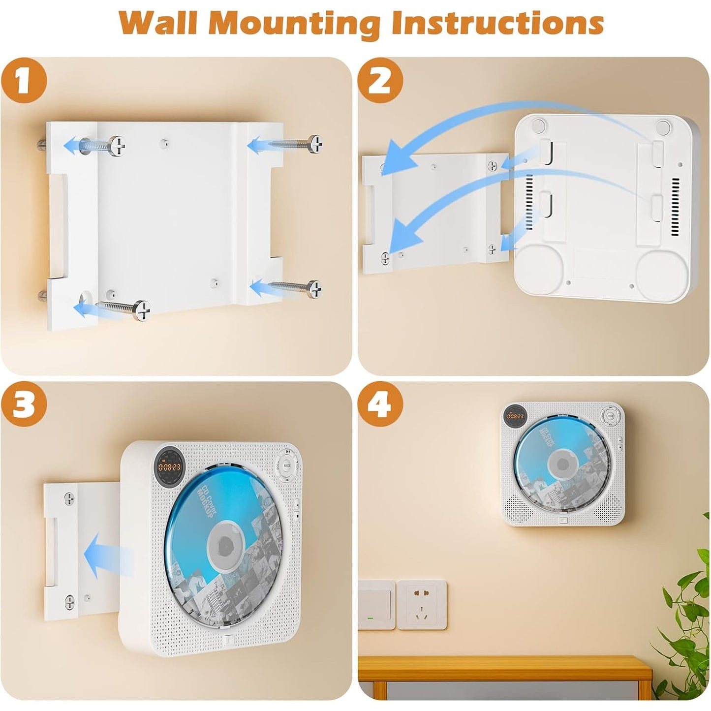 FELEMAN MPD001W Portable Wall-Mounted CD Player with Bluetooth, USB, Aux