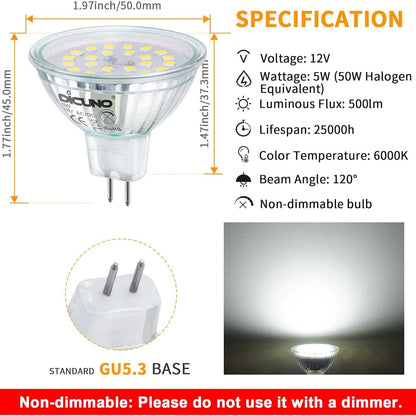 DiCUNO 5W MR16 LED Bulb 6000K Daylight White GU5.3 10-Pack