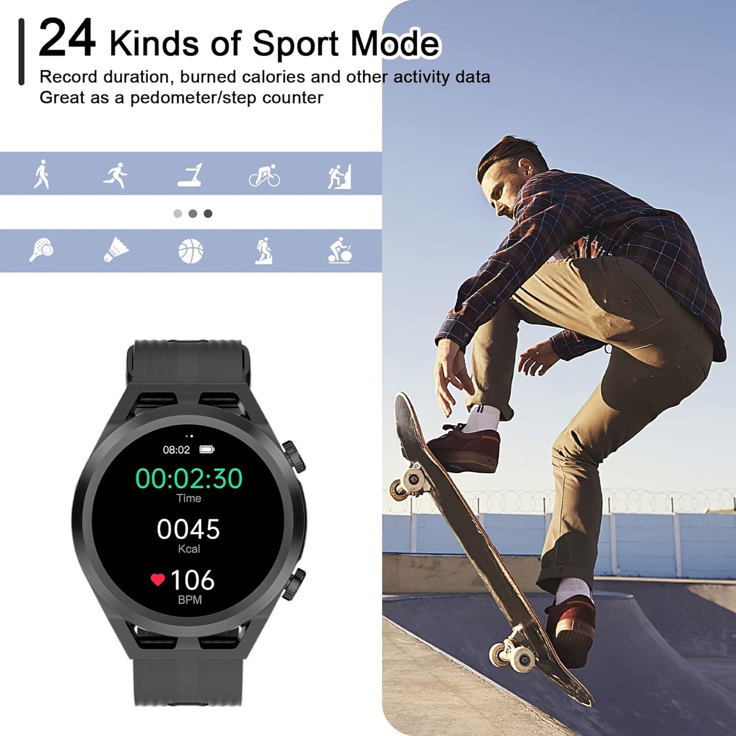 IOWODO R8Pro Waterproof Smartwatch with Call Answer, Music, 24 Sports