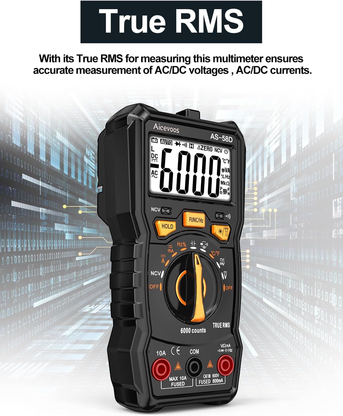 Aicevoos AS-58-1 6000 Counts Auto-Ranging Digital Multimeter Black