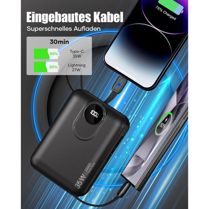 20000 mAh Fast‑Charging Power Bank with Built‑In USB‑C Cable