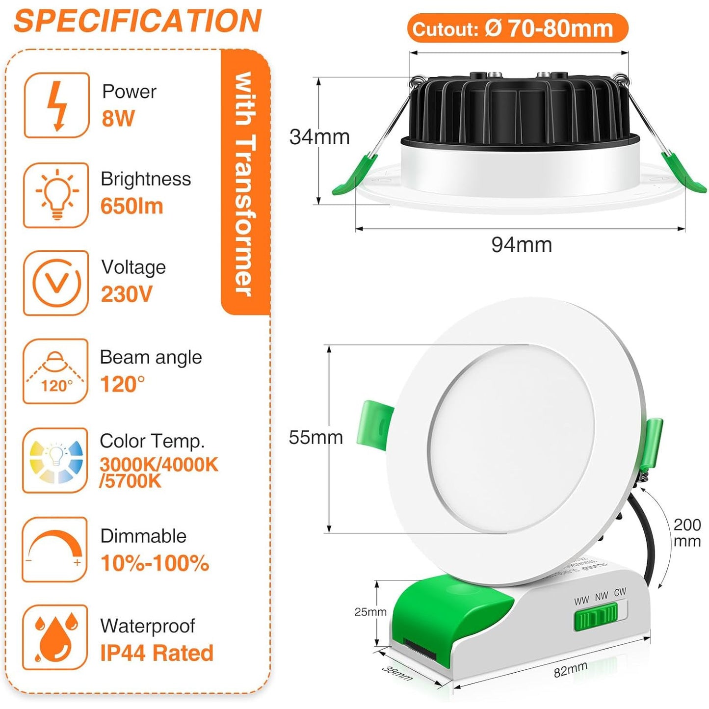 ALUSSO 8W Dimmable Recessed LED Spotlight with Transformer, Waterproof, 6-Pack