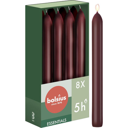 Bolsius Torpeda Burgundy Table Candles 17cm, 5-Hour Burn, 8-Pack Set