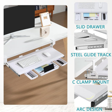 ETHU White Under Desk Keyboard Tray with Storage Drawers