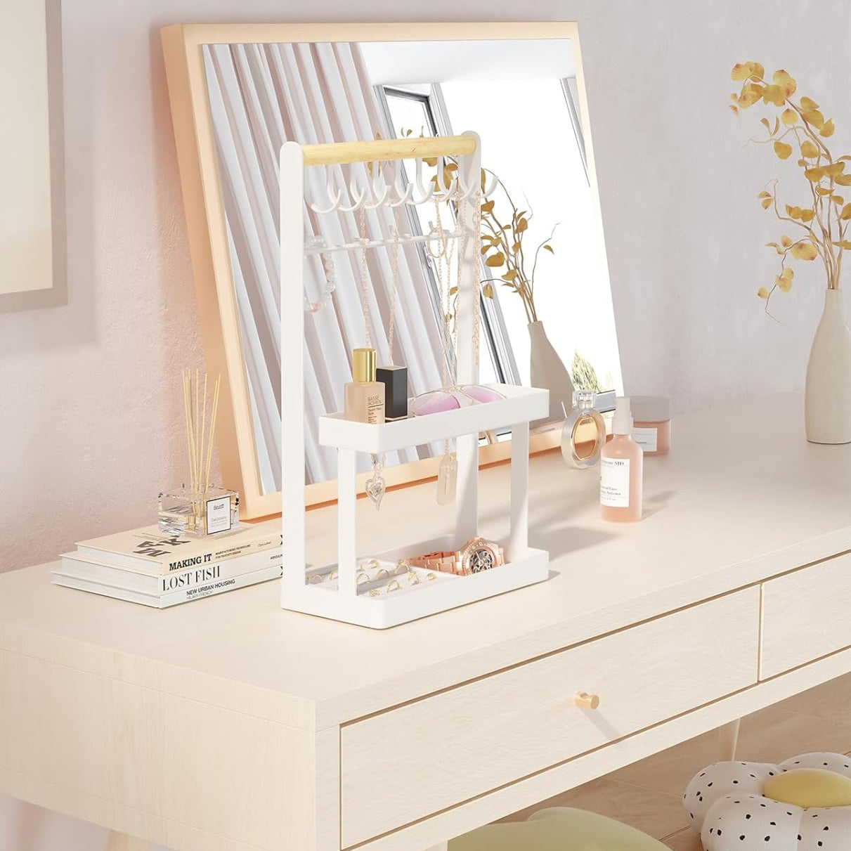 Lolalet 4‑Tier Jewelry Organizer Stand with 12 Hooks – White
