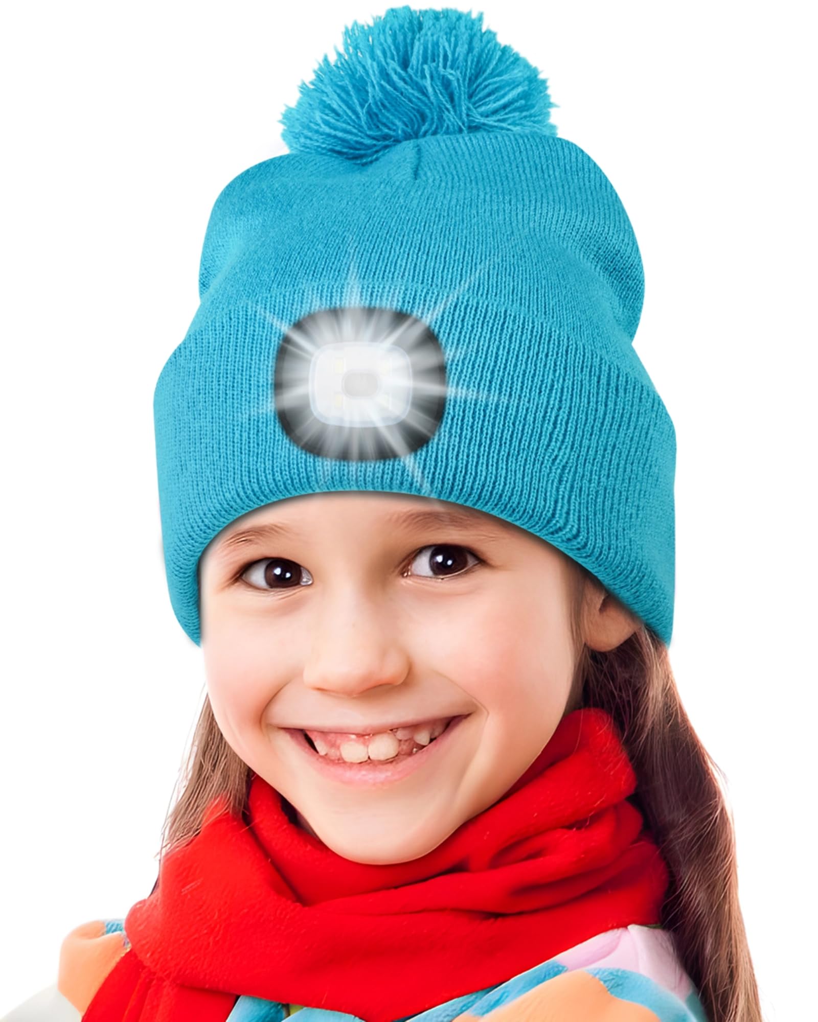 Deilin Girls' LED Bobble Hat: USB Rechargeable Winter Knit Beanie with Headlamp