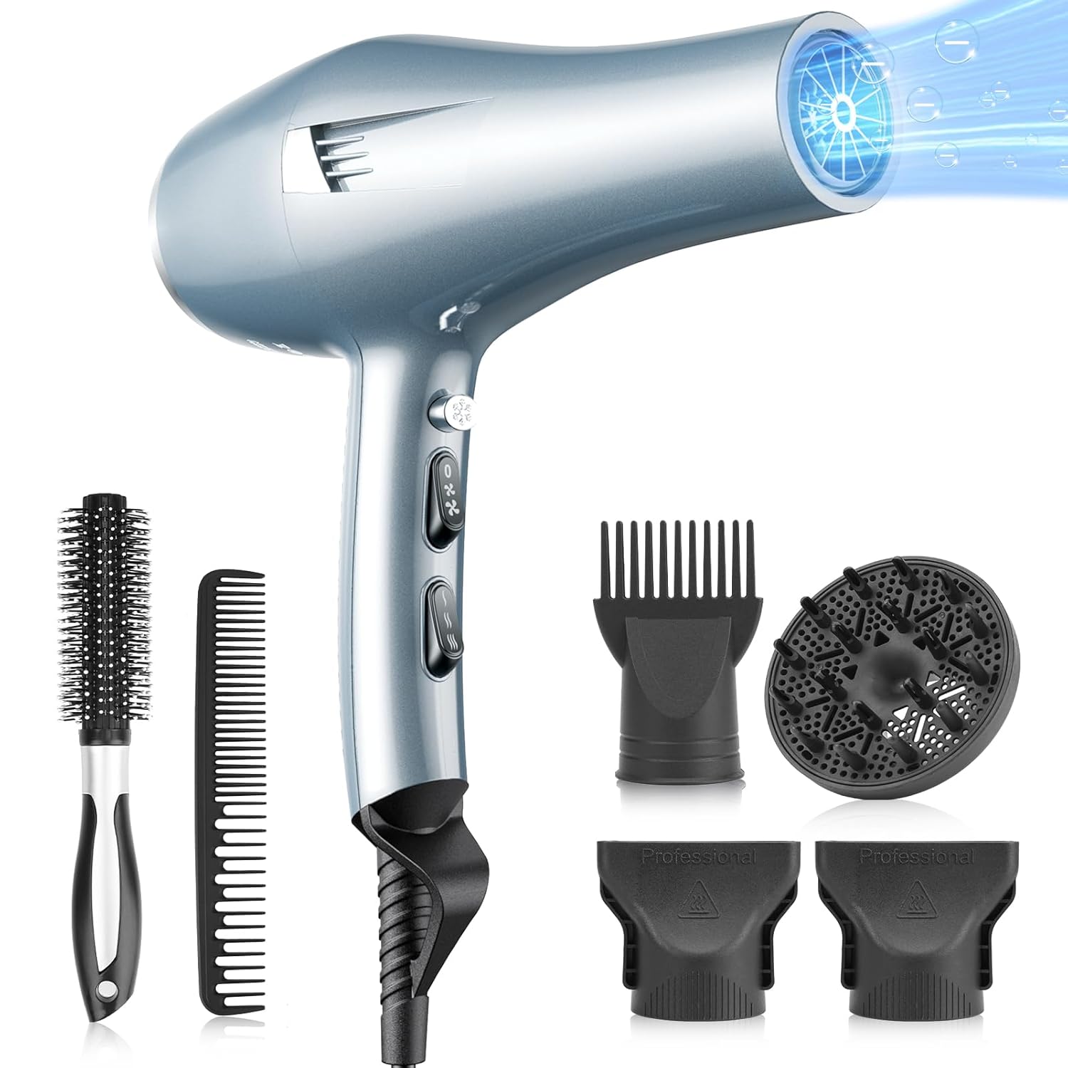 Ionic Hair Dryer with Diffuser & Comb Attachments, 2 Speed Professional