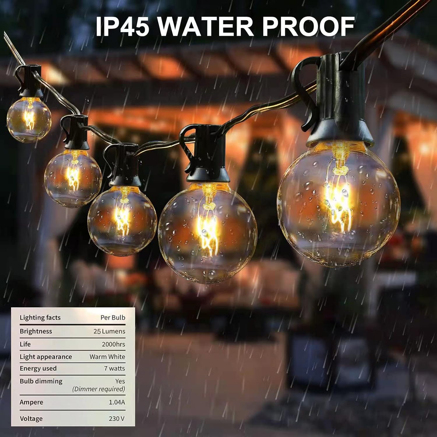 Bomkim G40 Outdoor String Lights 9.5m 25+4 Bulbs IP45 Waterproof Warm White