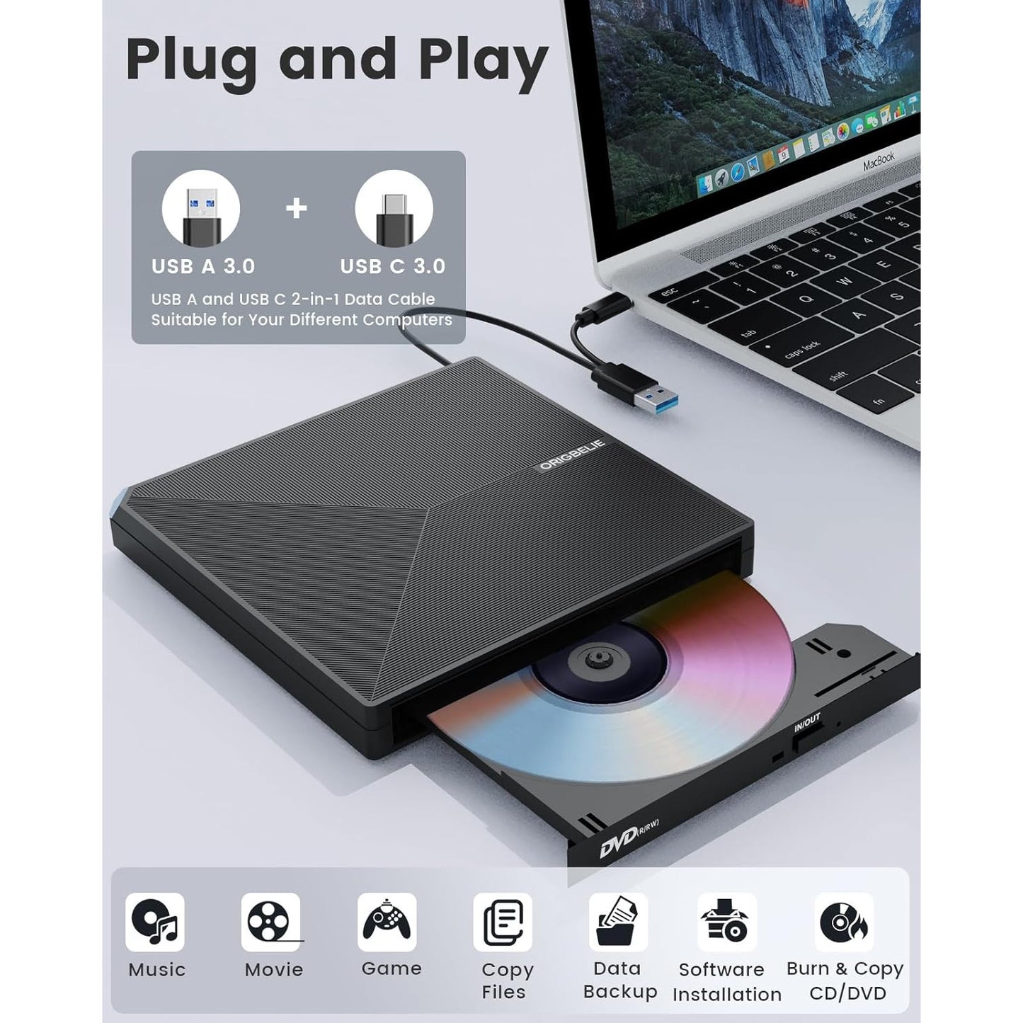 ORIGBELIE Portable USB 3.0 External CD/DVD Burner with RGB