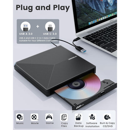 ORIGBELIE Portable USB 3.0 External CD/DVD Burner with RGB