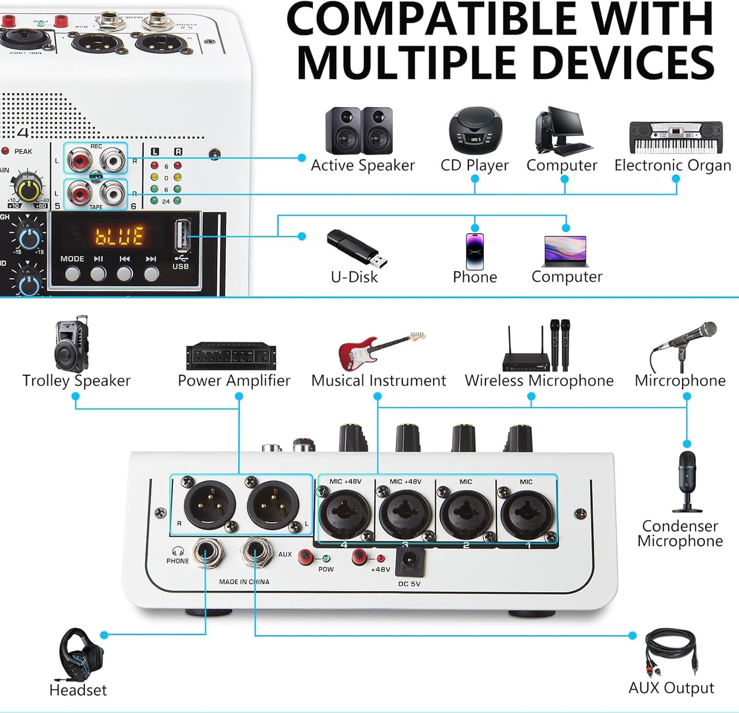 Boeska 6-Channel DJ Mixer with USB, Bluetooth, 48V Phantom Power