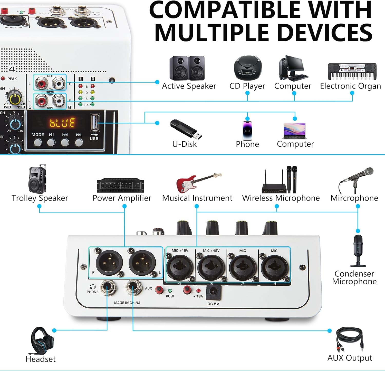 Boeska 6-Channel DJ Mixer with USB, Bluetooth, 48V Phantom Power