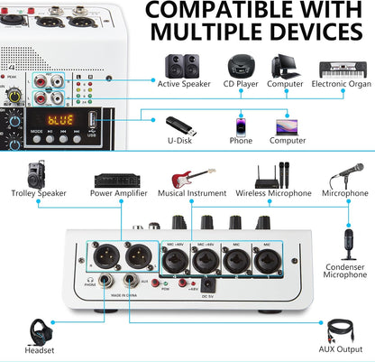 Boeska 6-Channel DJ Mixer with USB, Bluetooth, 48V Phantom Power