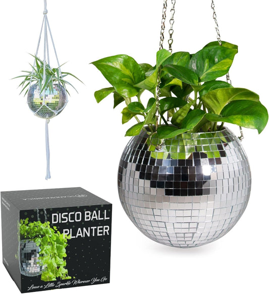 SCANDINORDICA 8‑Inch Silver Disco Ball Hanging Planter with Stand